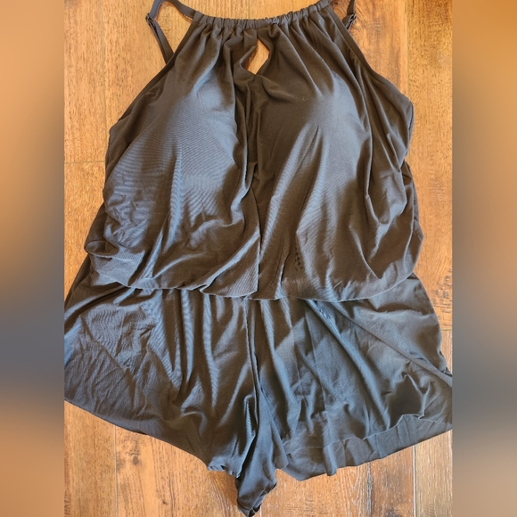 Aqua Green- Black Swimsuit Romper High Neck Swim Keyhole With Pockets OnePiece - Picture 7 of 8